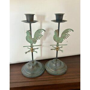 Vintage 2 Rustic Metal Rooster Weathervane Candlestick Holder  9” Country Farm